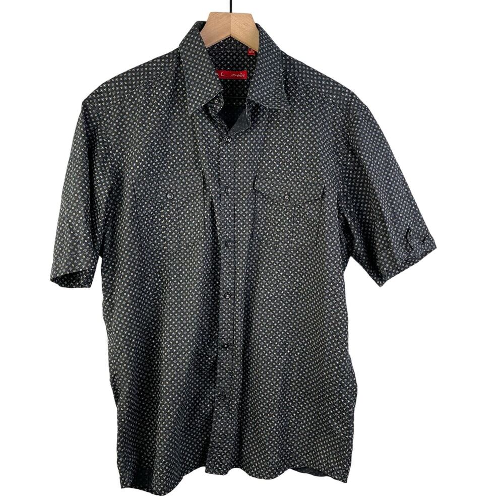 A LA Mode Button-Up Men's Shirt Short‎ Sleeve Black Pattern Detail Relax Fit XL